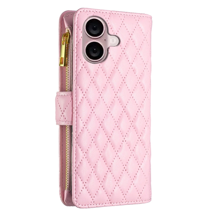 For iPhone 16 Plus Diamond Lattice Zipper Wallet Leather Flip Phone Case