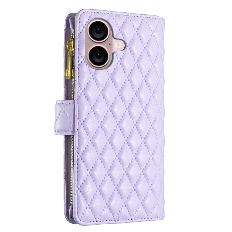 For iPhone 16 Plus Diamond Lattice Zipper Wallet Leather Flip Phone Case