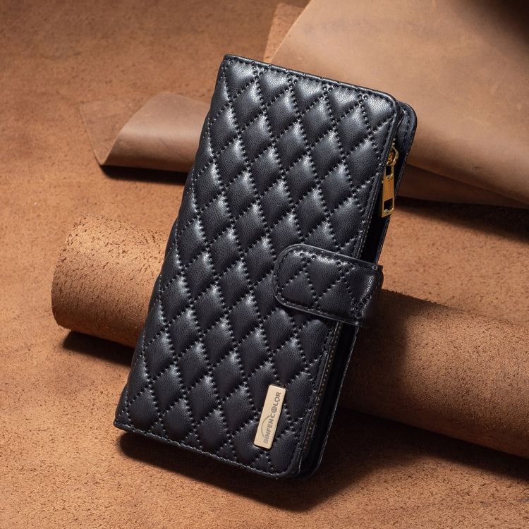 For iPhone 16 Plus Diamond Lattice Zipper Wallet Leather Flip Phone Case