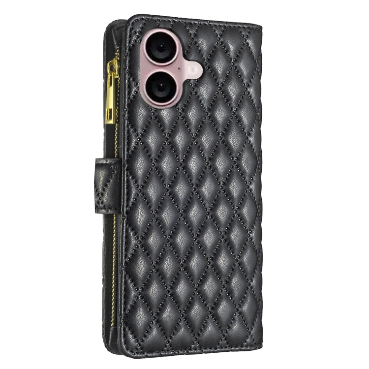 For iPhone 16 Plus Diamond Lattice Zipper Wallet Leather Flip Phone Case