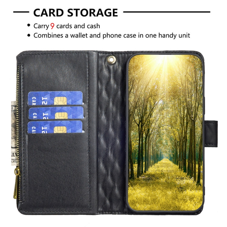 For iPhone 16 Plus Diamond Lattice Zipper Wallet Leather Flip Phone Case