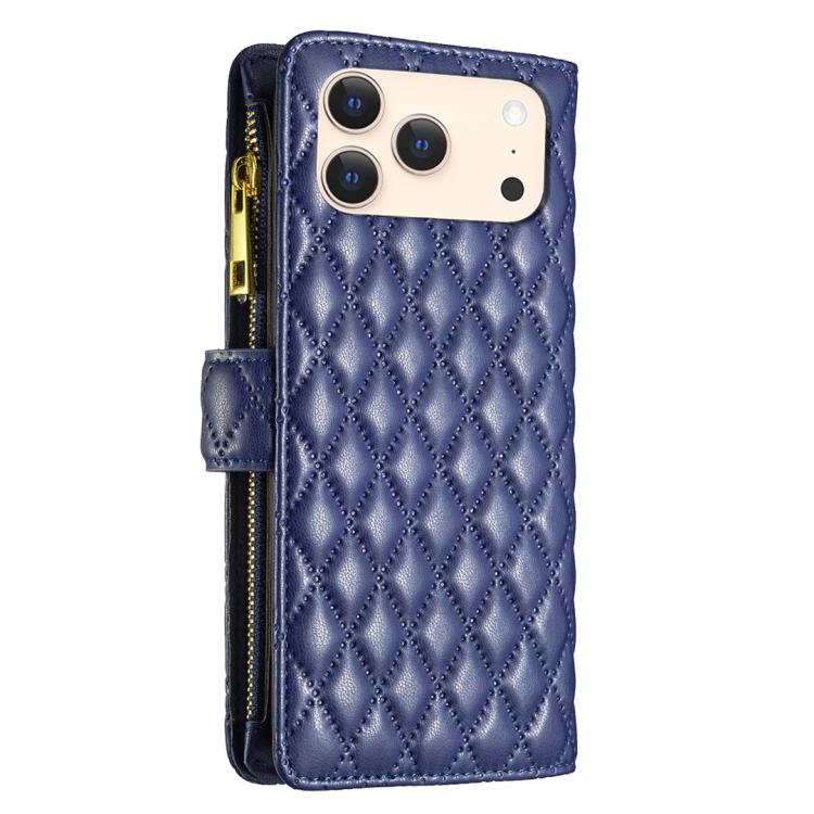 For iPhone 17 Pro Diamond Lattice Zipper Wallet Leather Flip Phone Case