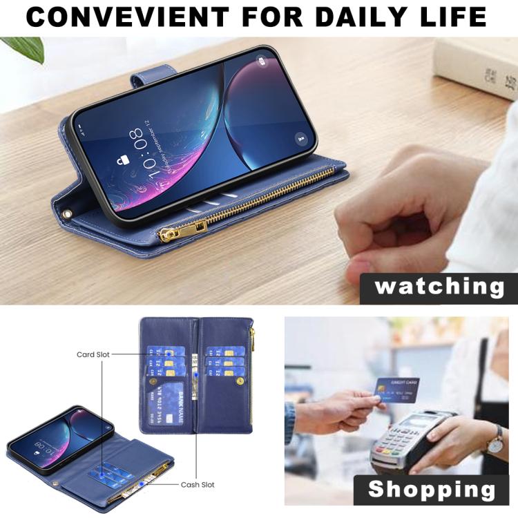 For iPhone 17 Pro Diamond Lattice Zipper Wallet Leather Flip Phone Case