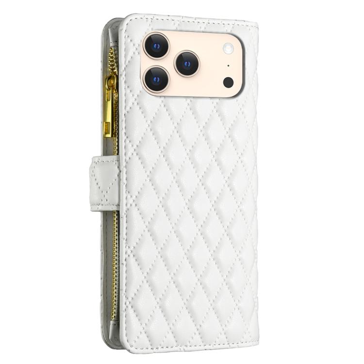 For iPhone 17 Pro Diamond Lattice Zipper Wallet Leather Flip Phone Case