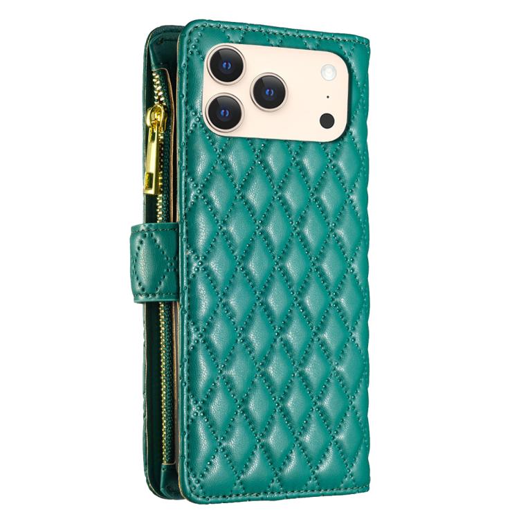 For iPhone 17 Pro Diamond Lattice Zipper Wallet Leather Flip Phone Case