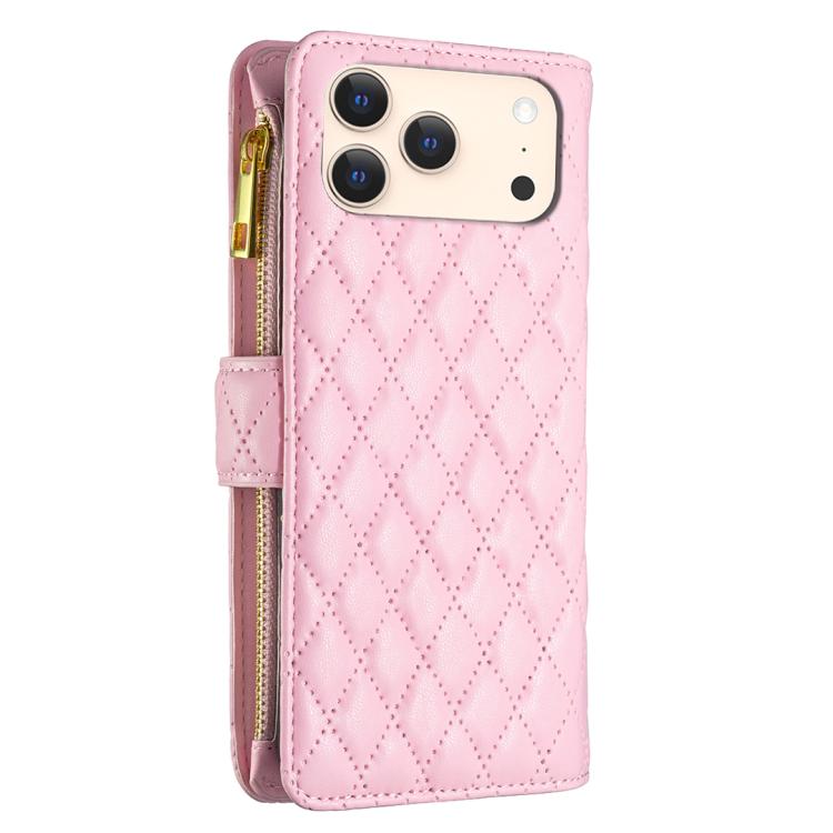 For iPhone 17 Pro Diamond Lattice Zipper Wallet Leather Flip Phone Case