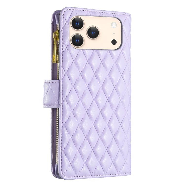 For iPhone 17 Pro Diamond Lattice Zipper Wallet Leather Flip Phone Case