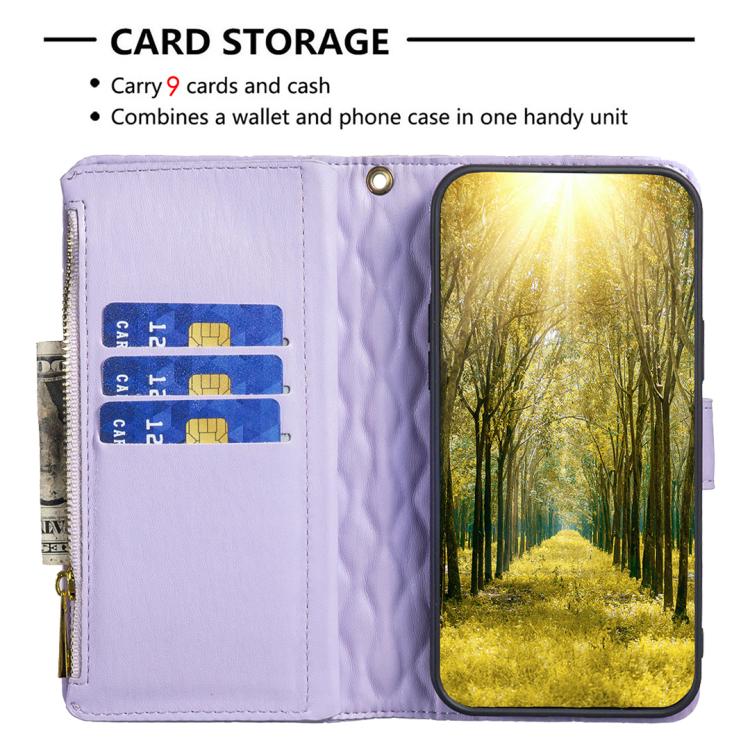 For iPhone 17 Pro Diamond Lattice Zipper Wallet Leather Flip Phone Case