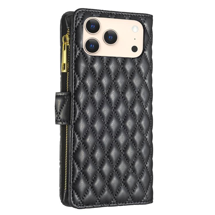For iPhone 17 Pro Diamond Lattice Zipper Wallet Leather Flip Phone Case