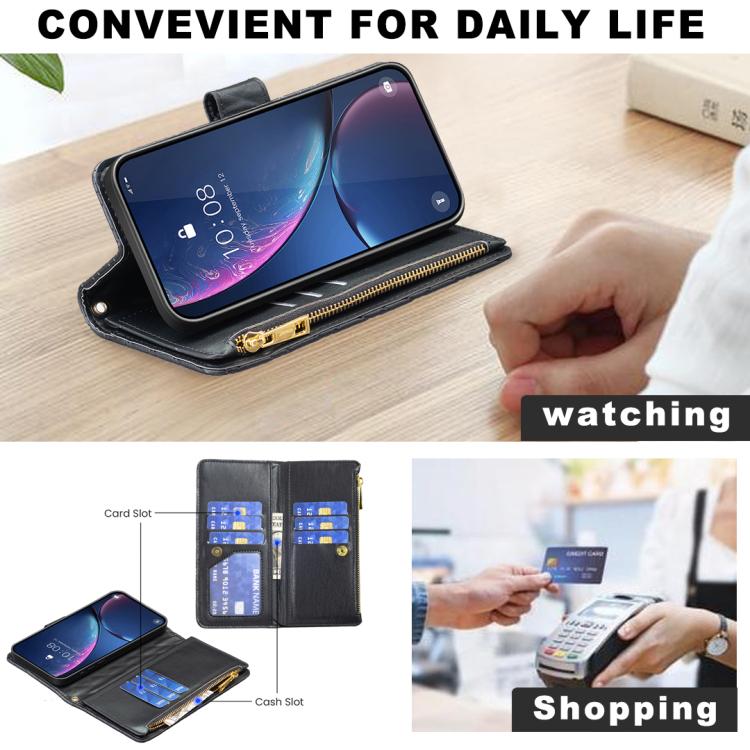 For iPhone 17 Pro Diamond Lattice Zipper Wallet Leather Flip Phone Case