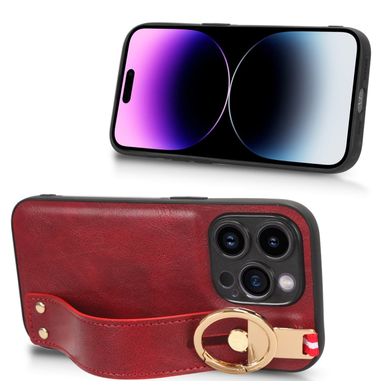 For iPhone 14 Pro Wristband Leather Back Phone Case