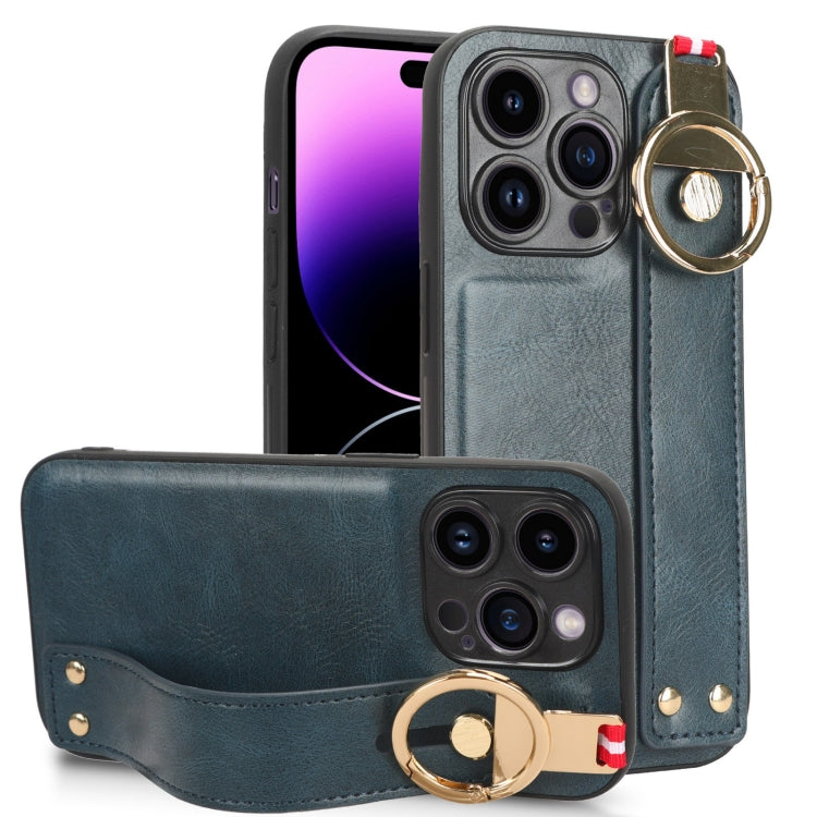 For iPhone 14 Pro Max Wristband Leather Back Phone Case