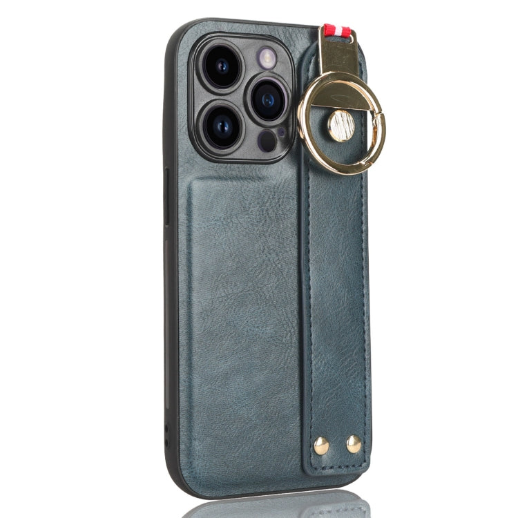 For iPhone 14 Pro Max Wristband Leather Back Phone Case