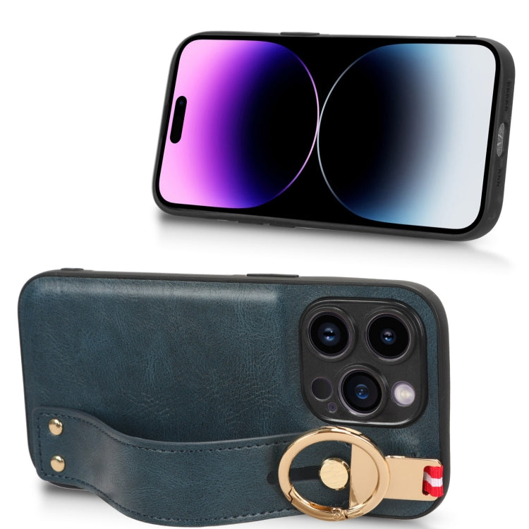 For iPhone 14 Pro Max Wristband Leather Back Phone Case