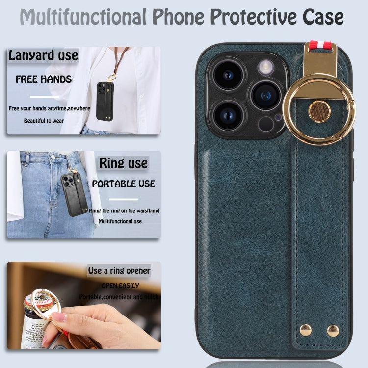 For iPhone 14 Pro Max Wristband Leather Back Phone Case