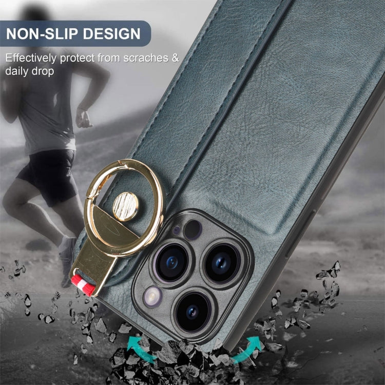 For iPhone 14 Pro Max Wristband Leather Back Phone Case