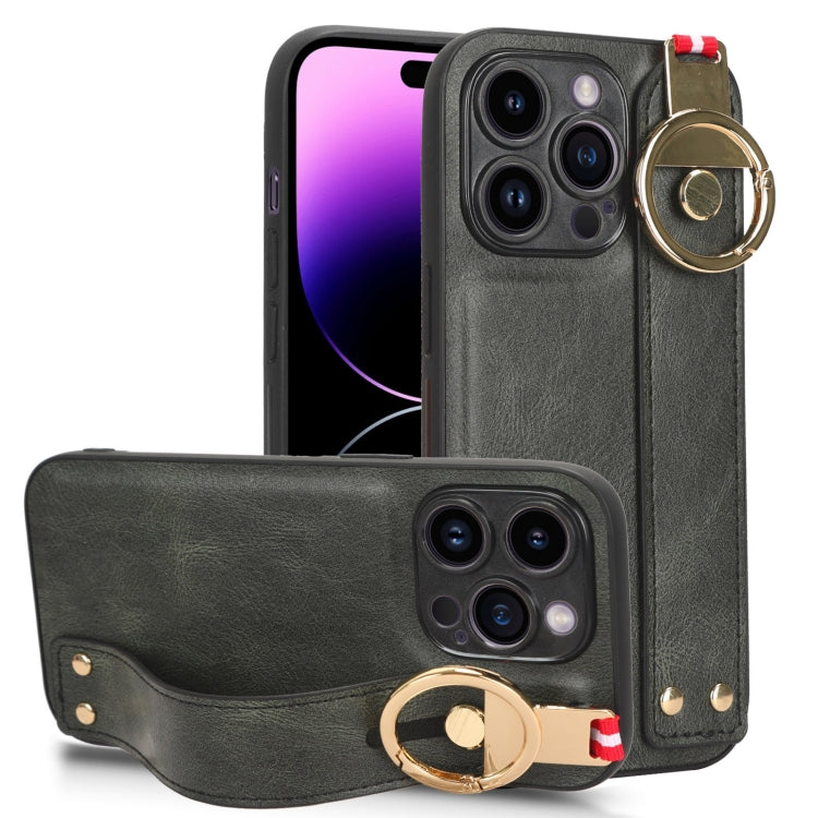 For iPhone 14 Pro Max Wristband Leather Back Phone Case