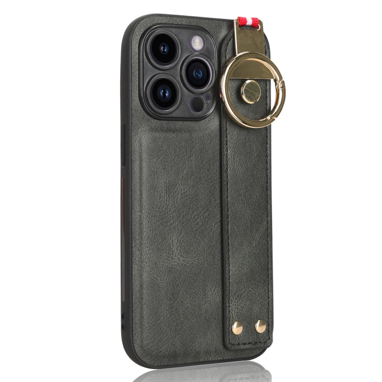 For iPhone 14 Pro Max Wristband Leather Back Phone Case