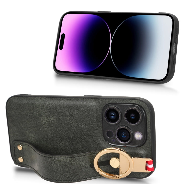 For iPhone 14 Pro Max Wristband Leather Back Phone Case
