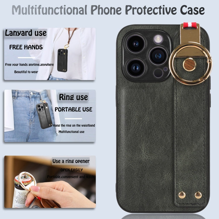 For iPhone 14 Pro Max Wristband Leather Back Phone Case