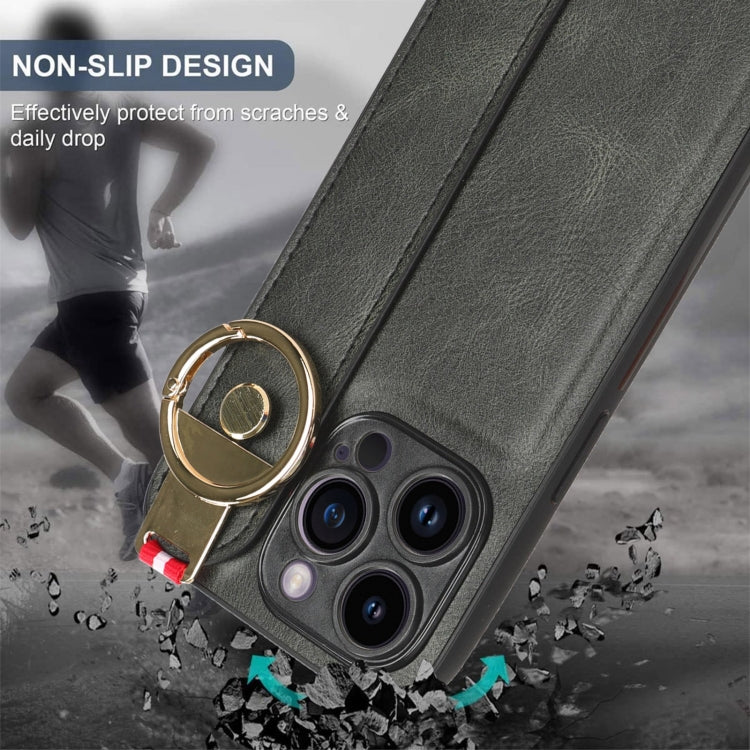 For iPhone 14 Pro Max Wristband Leather Back Phone Case