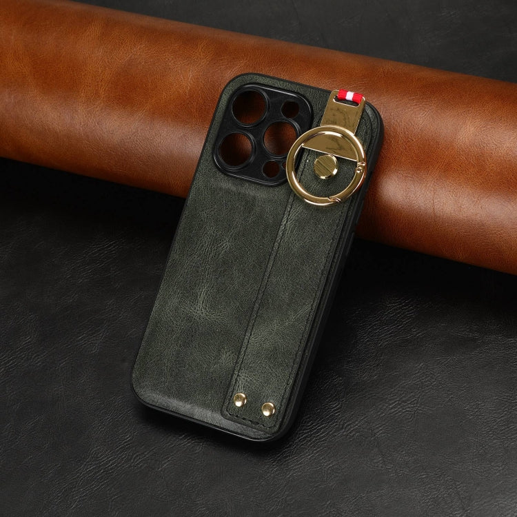For iPhone 14 Pro Max Wristband Leather Back Phone Case