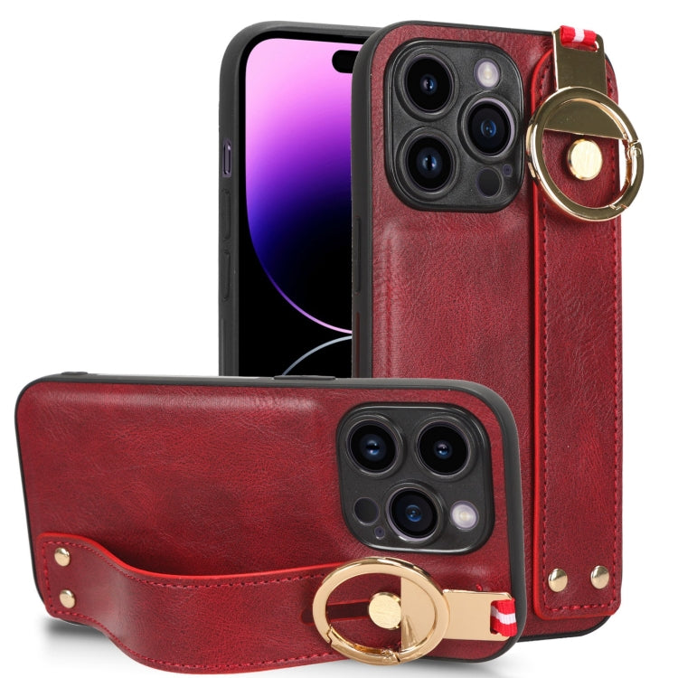 For iPhone 14 Pro Max Wristband Leather Back Phone Case