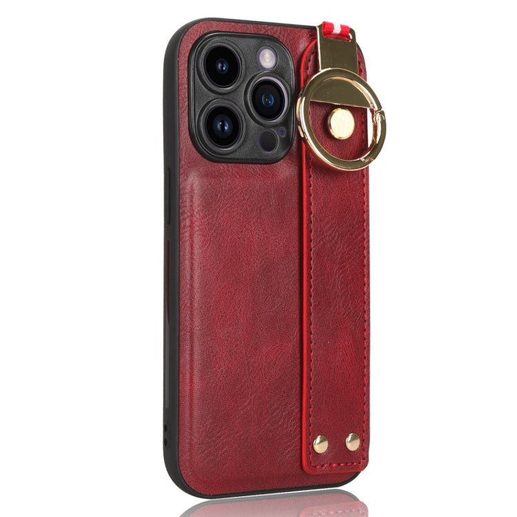 For iPhone 14 Pro Max Wristband Leather Back Phone Case