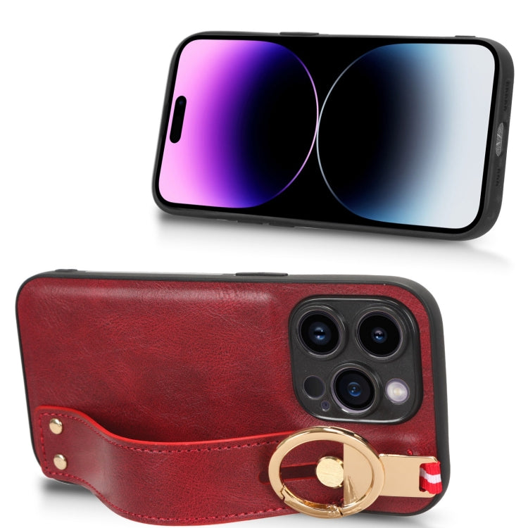 For iPhone 14 Pro Max Wristband Leather Back Phone Case