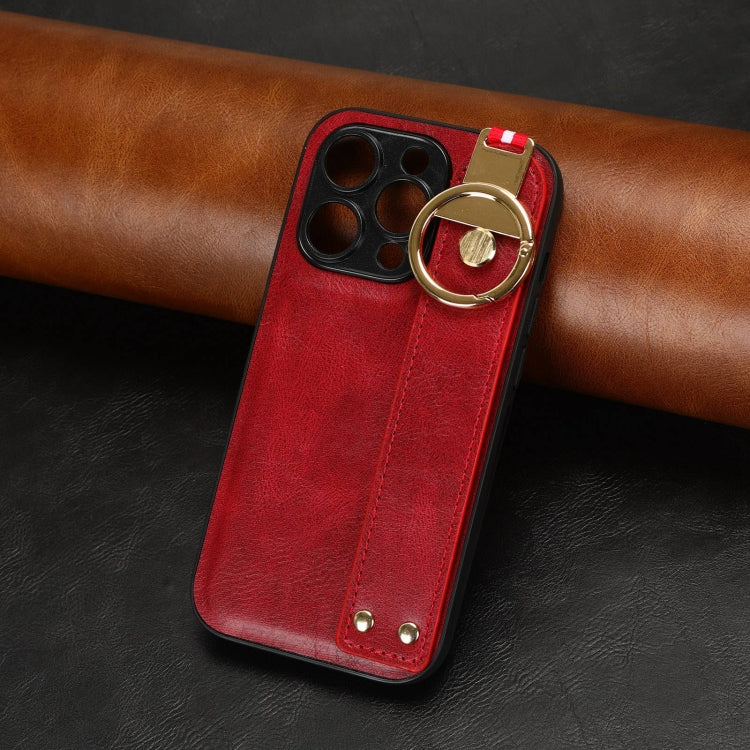 For iPhone 14 Pro Max Wristband Leather Back Phone Case