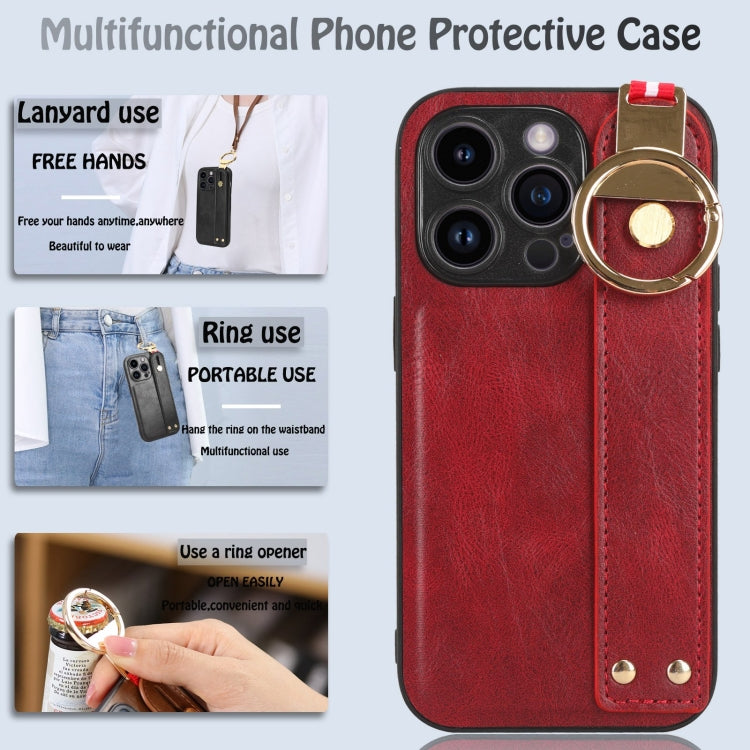 For iPhone 14 Pro Max Wristband Leather Back Phone Case