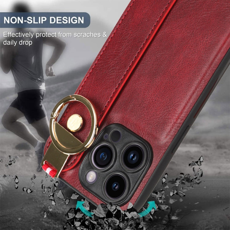 For iPhone 14 Pro Max Wristband Leather Back Phone Case