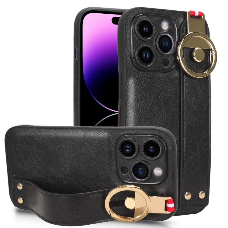 For iPhone 14 Pro Max Wristband Leather Back Phone Case
