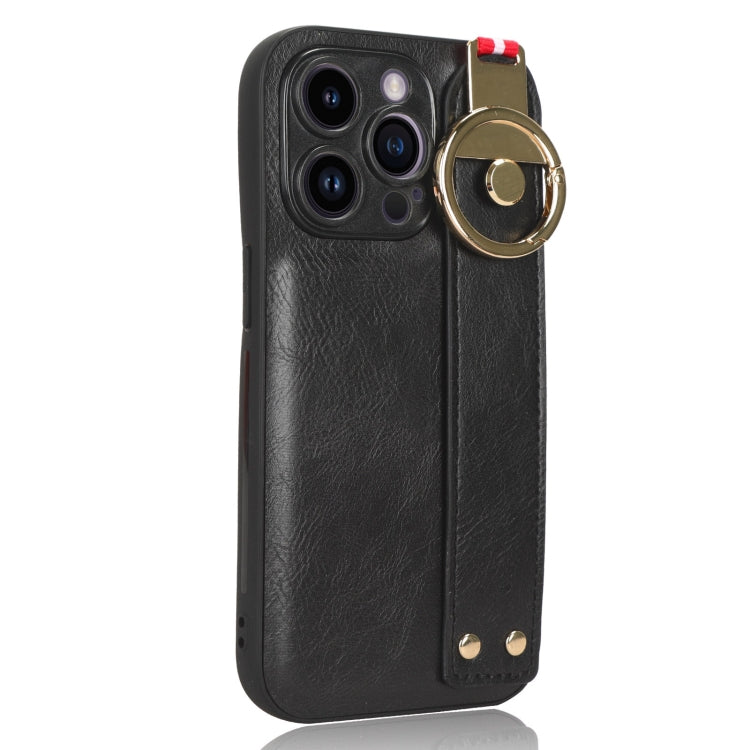For iPhone 14 Pro Max Wristband Leather Back Phone Case