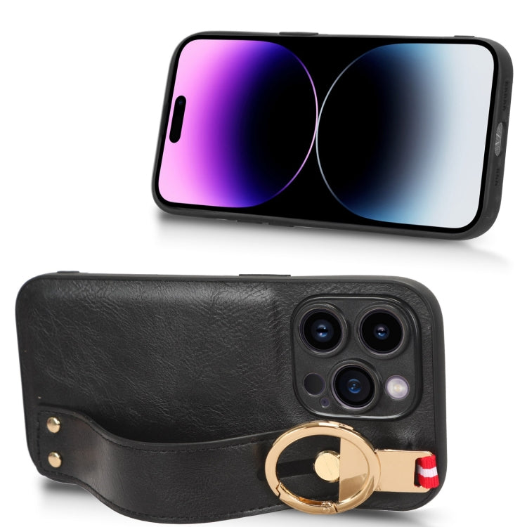 For iPhone 14 Pro Max Wristband Leather Back Phone Case