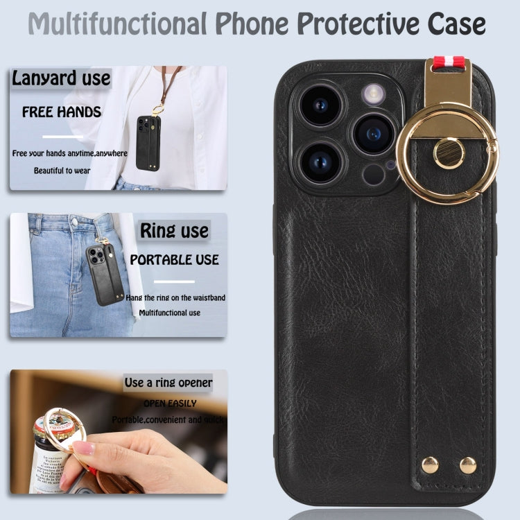 For iPhone 14 Pro Max Wristband Leather Back Phone Case
