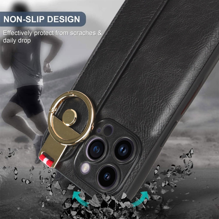 For iPhone 14 Pro Max Wristband Leather Back Phone Case