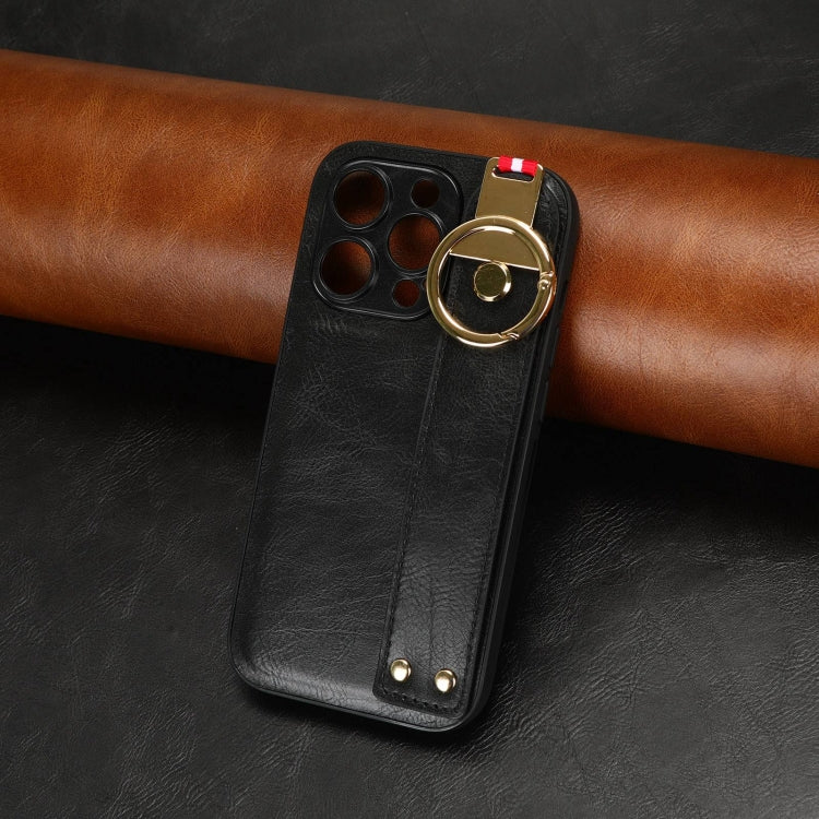 For iPhone 14 Pro Max Wristband Leather Back Phone Case