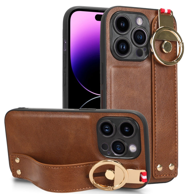 For iPhone 14 Pro Max Wristband Leather Back Phone Case