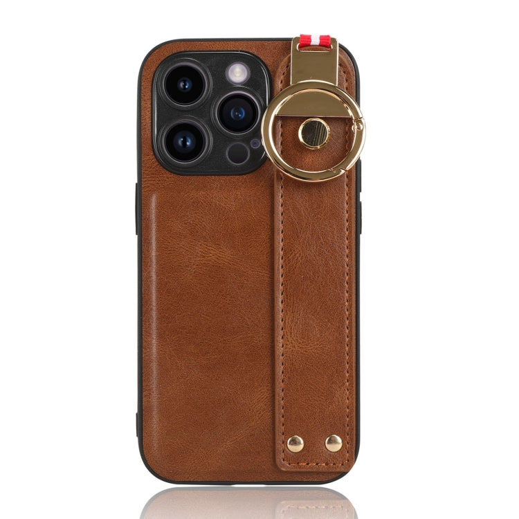 For iPhone 14 Pro Max Wristband Leather Back Phone Case