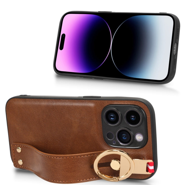 For iPhone 14 Pro Max Wristband Leather Back Phone Case