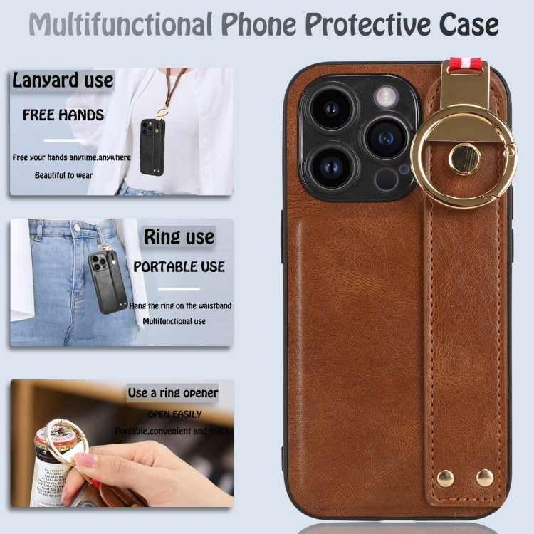 For iPhone 14 Pro Max Wristband Leather Back Phone Case