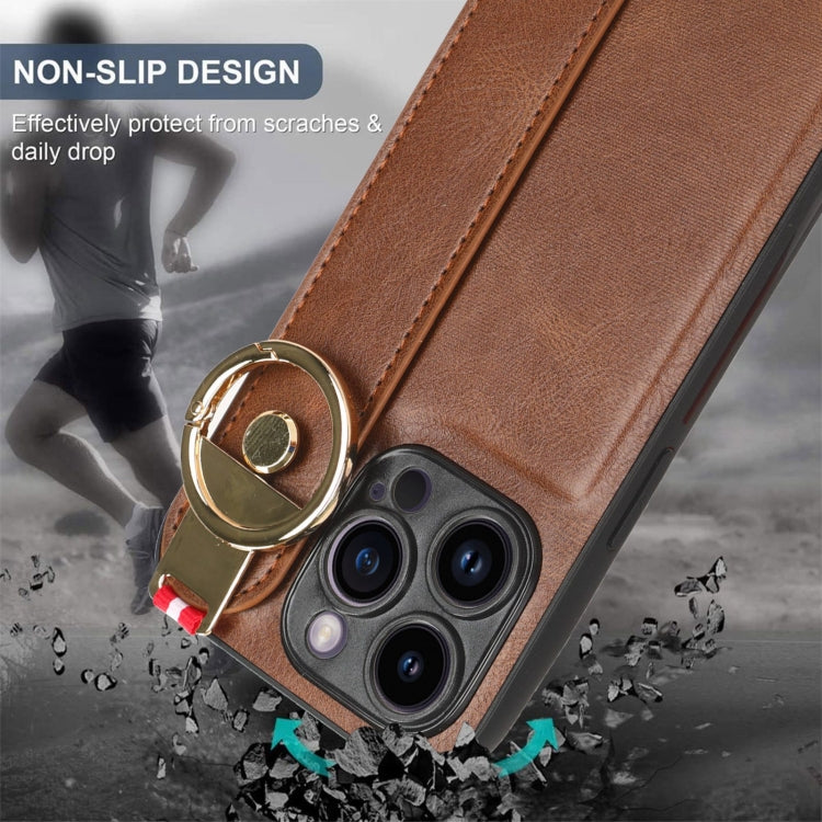 For iPhone 14 Pro Max Wristband Leather Back Phone Case