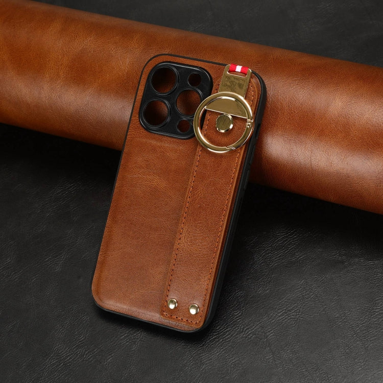 For iPhone 14 Pro Max Wristband Leather Back Phone Case