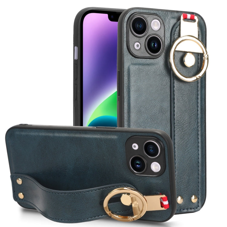 For iPhone 13 Wristband Leather Back Phone Case