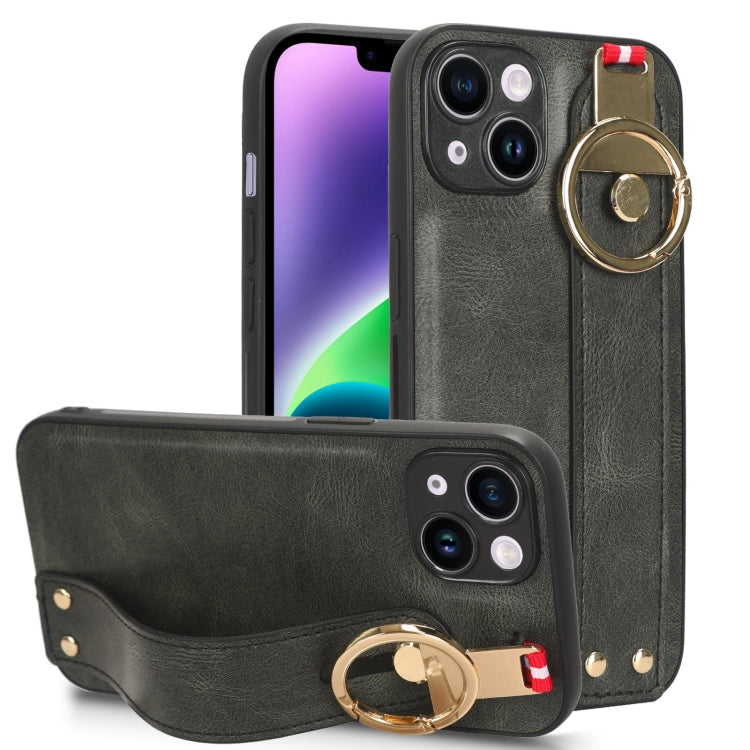 For iPhone 13 Wristband Leather Back Phone Case