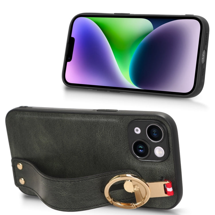 For iPhone 13 Wristband Leather Back Phone Case