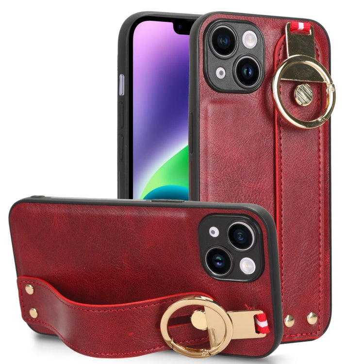 For iPhone 13 Wristband Leather Back Phone Case