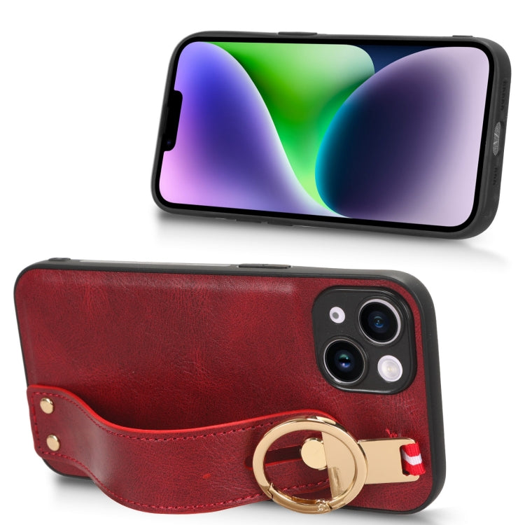 For iPhone 13 Wristband Leather Back Phone Case