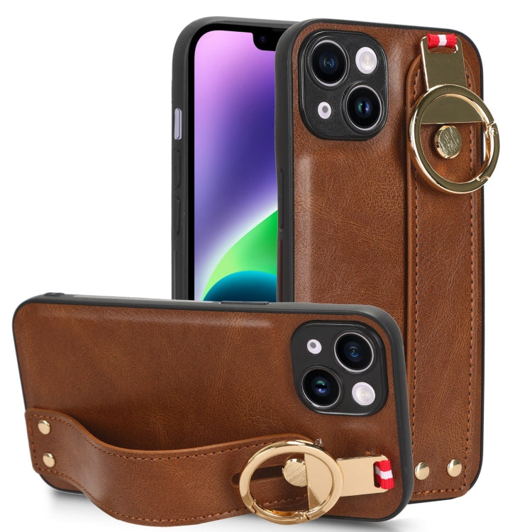 For iPhone 13 Wristband Leather Back Phone Case